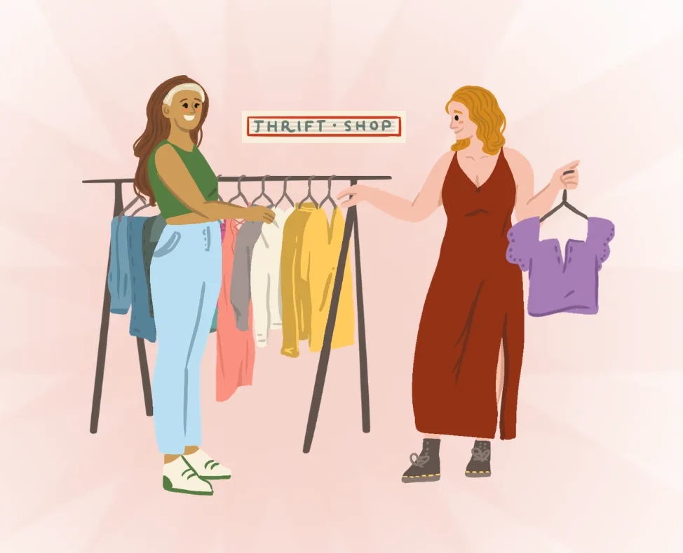 Illustration from The Thrift Glow-Up workbook showing second-hand fashion and a thrift shop scene