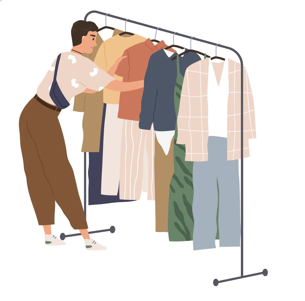 Illustration showing second-hand clothing and outfit reuse ideas